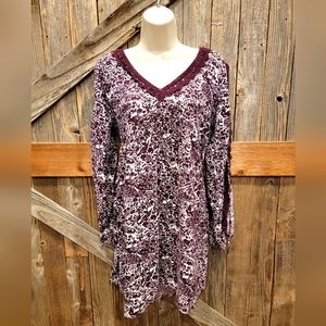 Roxy Dress Tunic MEDIUM Womens Red White Print Beach Long Split Sleeve Lace.